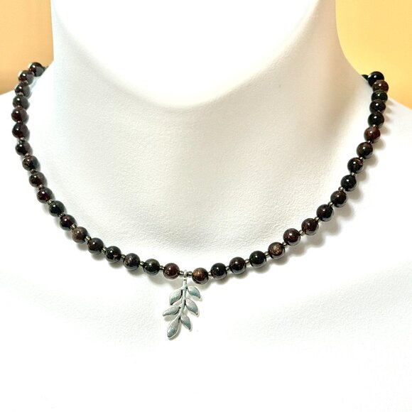 Deep Wine Red Garnet Short Necklace, Genuine Gemstone & Silver Leaf Branch Charm - Picture 2 of 15